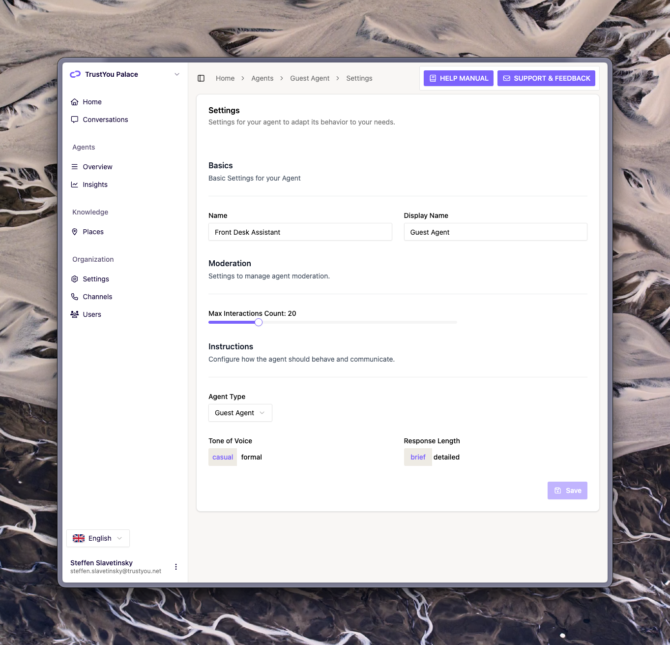 The Agent Settings page showing the three sections: Basics (Name, Display Name), Moderation (Max Interactions Count slider), Instructions (Agent Type, Tone of Voice, Response Length). Save button visible at the top right.