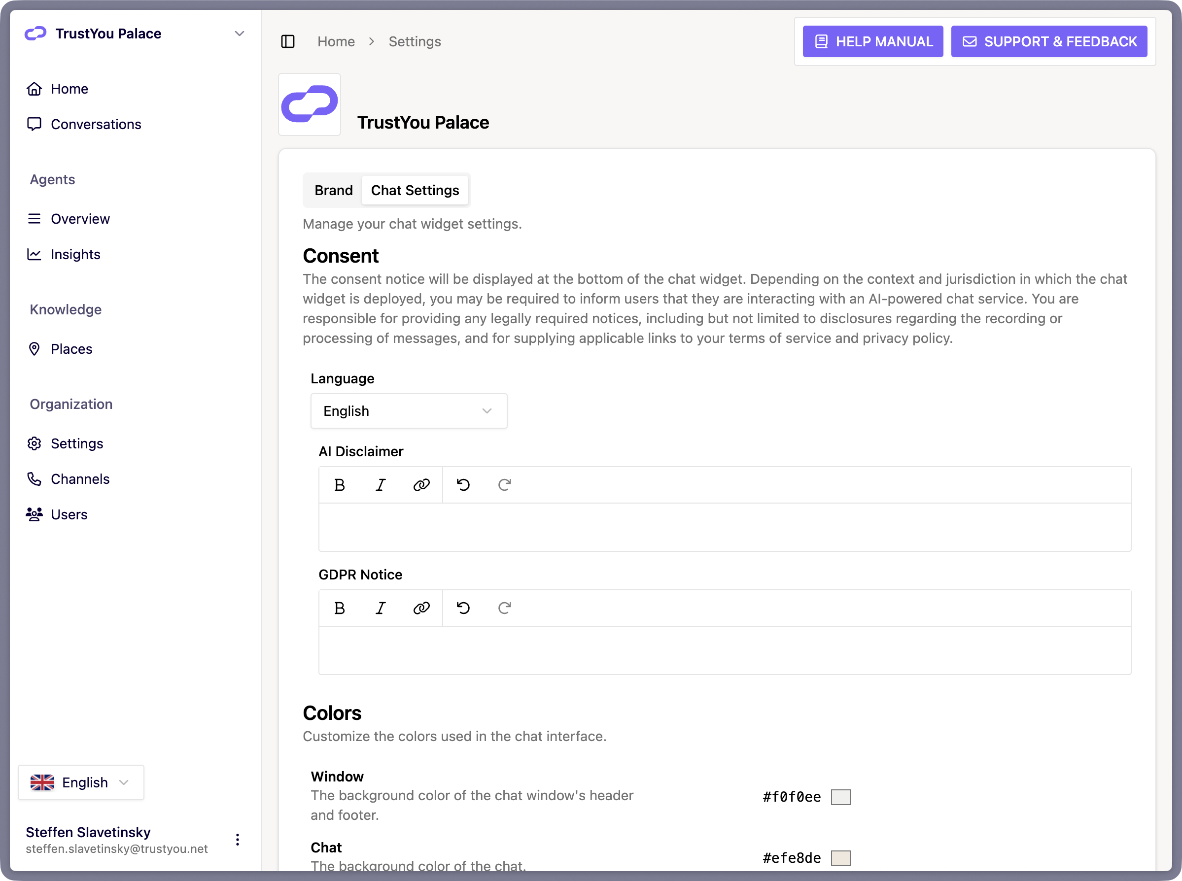 Organization Settings, "Chat Settings" tab, scrolled to the "Consent" section. Shows the section headline "Consent", a short descriptive paragraph below it, a "Language" dropdown, and two markdown editors stacked vertically labeled "AI Disclaimer" and "GDPR Notice", each with a small formatting toolbar (bold, italic, link). Both editors are filled in: the AI Disclaimer with a short notice and the GDPR Notice with the customer's own privacy wording and a policy link.