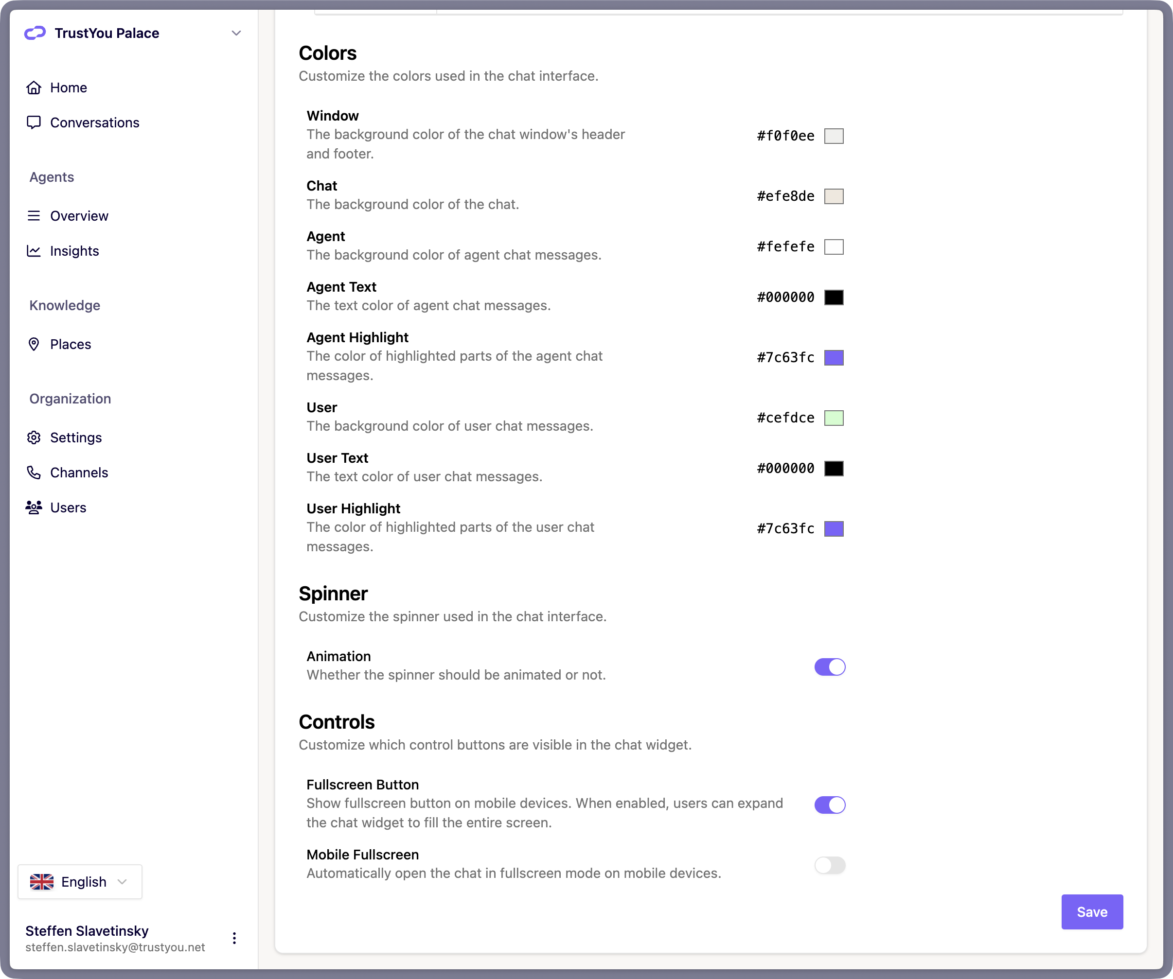 Organization Settings, "Chat Settings" tab, showing the "Colors" section with its grid of color pickers, and below it the "Spinner" section (Animation toggle) and the "Controls" section (Fullscreen Button and Mobile Fullscreen toggles).