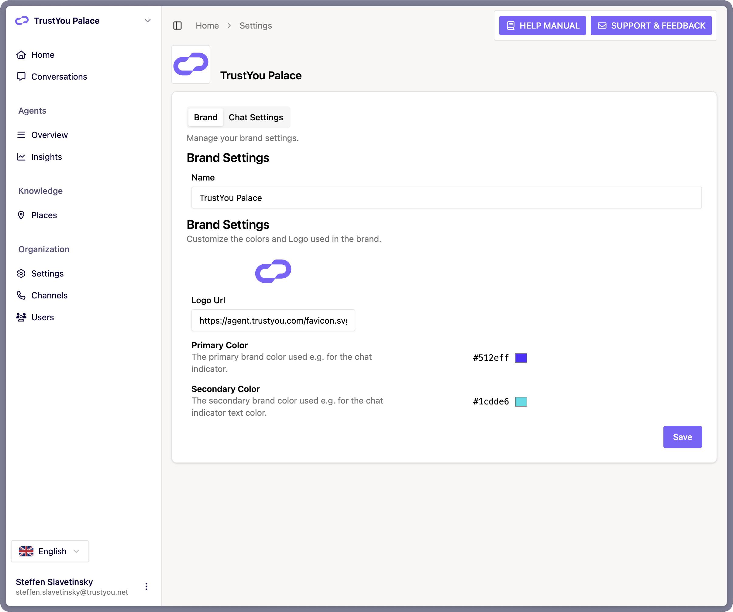 Organization Settings, "Brand" tab. Shows the "Basic" section with a "Name" field, and the "Brand Settings" section with a "Logo Url" text field, a "Primary Color" color picker, a "Secondary Color" color picker, and a live logo preview that uses the chosen colors.