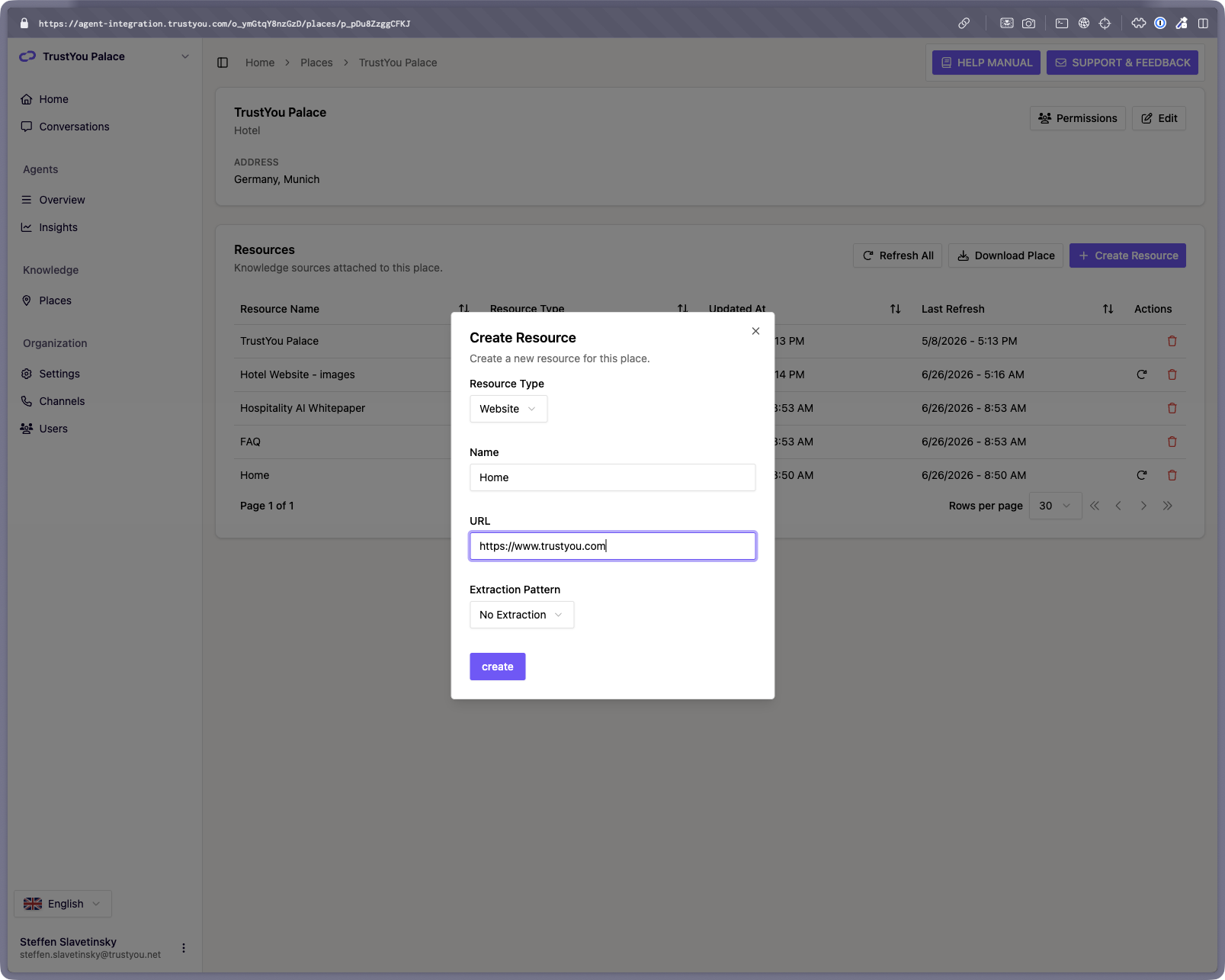 The "Create Resource" dialog with Resource Type set to "Website", showing the Name field, the URL field, and the "Extraction Pattern" dropdown.