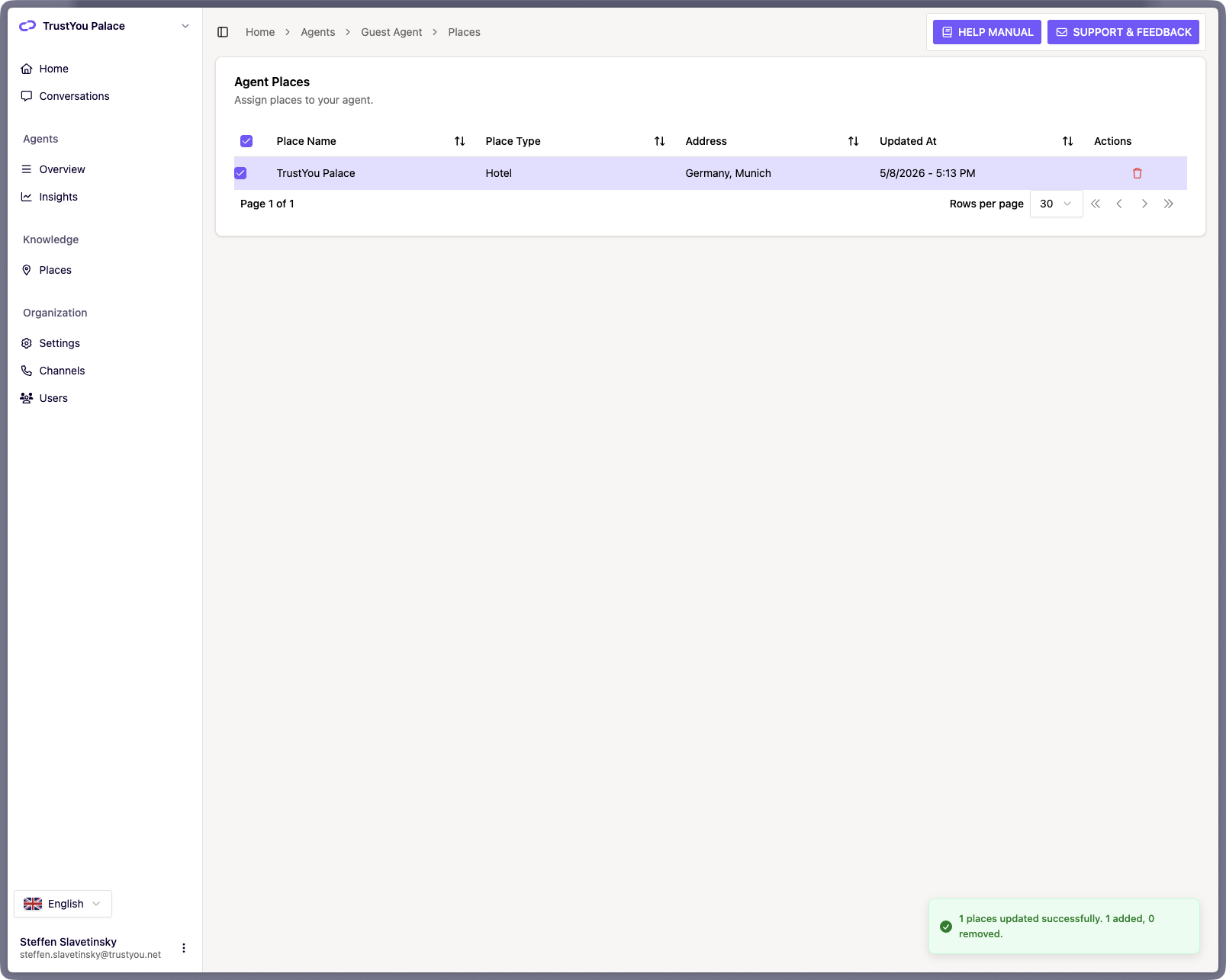 The "Agent Places" page where Places are assigned to an Agent, showing the list of available Places with toggles or checkboxes to assign or unassign them.