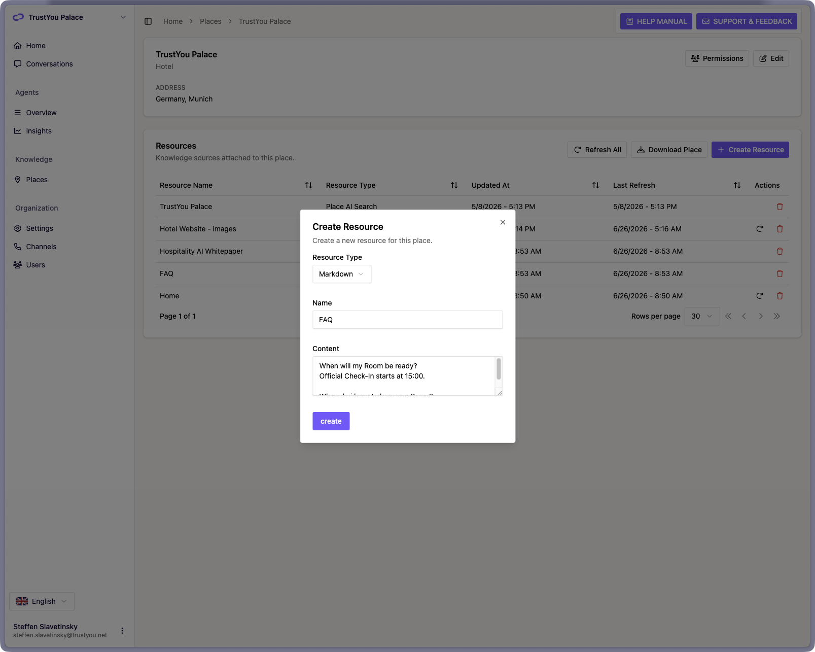 The "Create Resource" dialog with Resource Type set to "Markdown", showing the Name field and the Content editor.