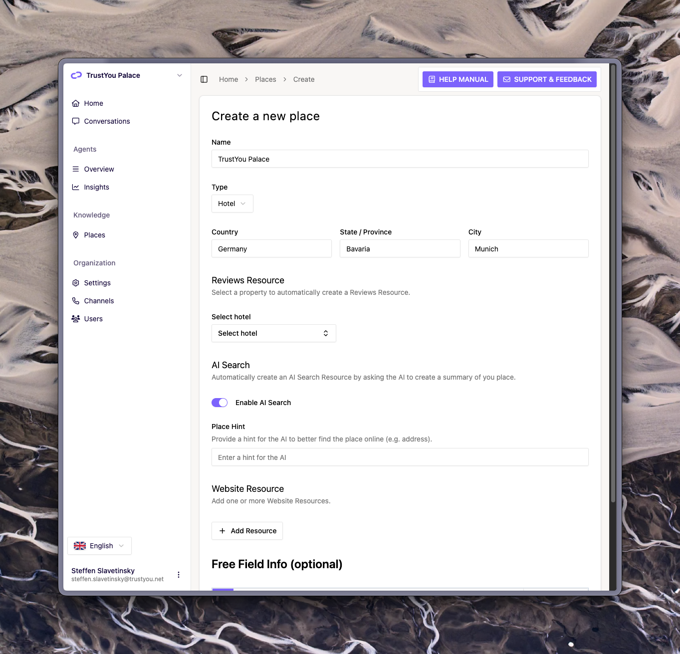 The "Create a new place" form, showing the Name field, the Type selector (Hotel, Food and Beverage, Attraction), the Country / State / Province / City address fields, the "Enable AI Search" toggle (on), and the "Place Hint" field.