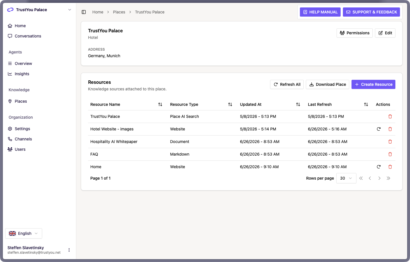 A Place detail page showing the Resources list (Resource Name, Resource Type, Last Refresh columns) with the "Create Resource" and "Refresh All" actions visible.