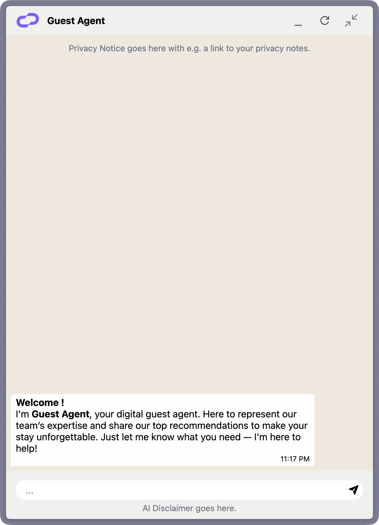 The guest-facing chat widget on a website, early in a fresh conversation so both messages are visible: the GDPR Notice at the top of the message thread (with its privacy policy link) and the AI Disclaimer in the footer below the text input box.