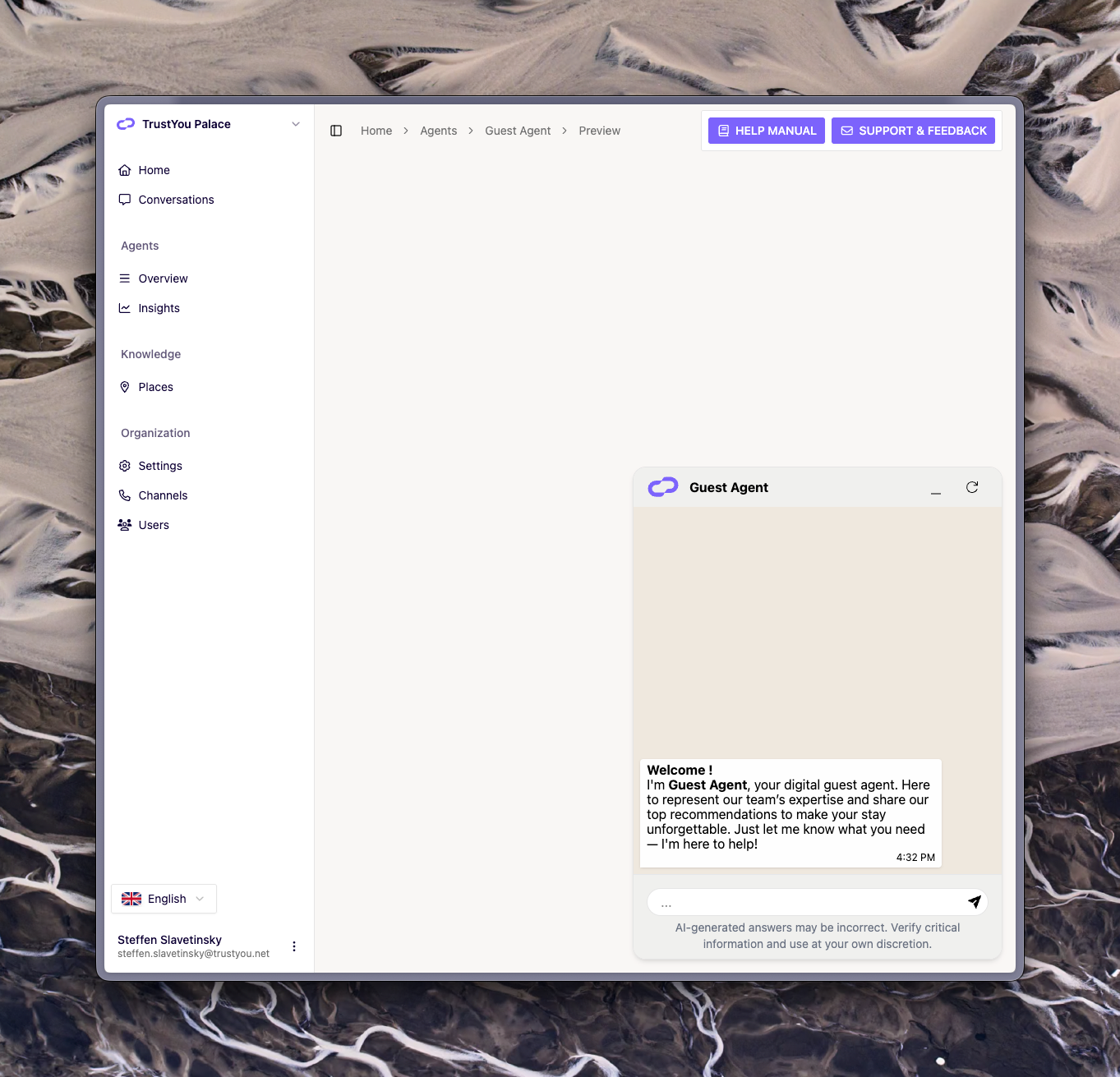 The Preview chat view showing the Agent's chat widget loaded in the backoffice, with a guest message and the Agent's reply.