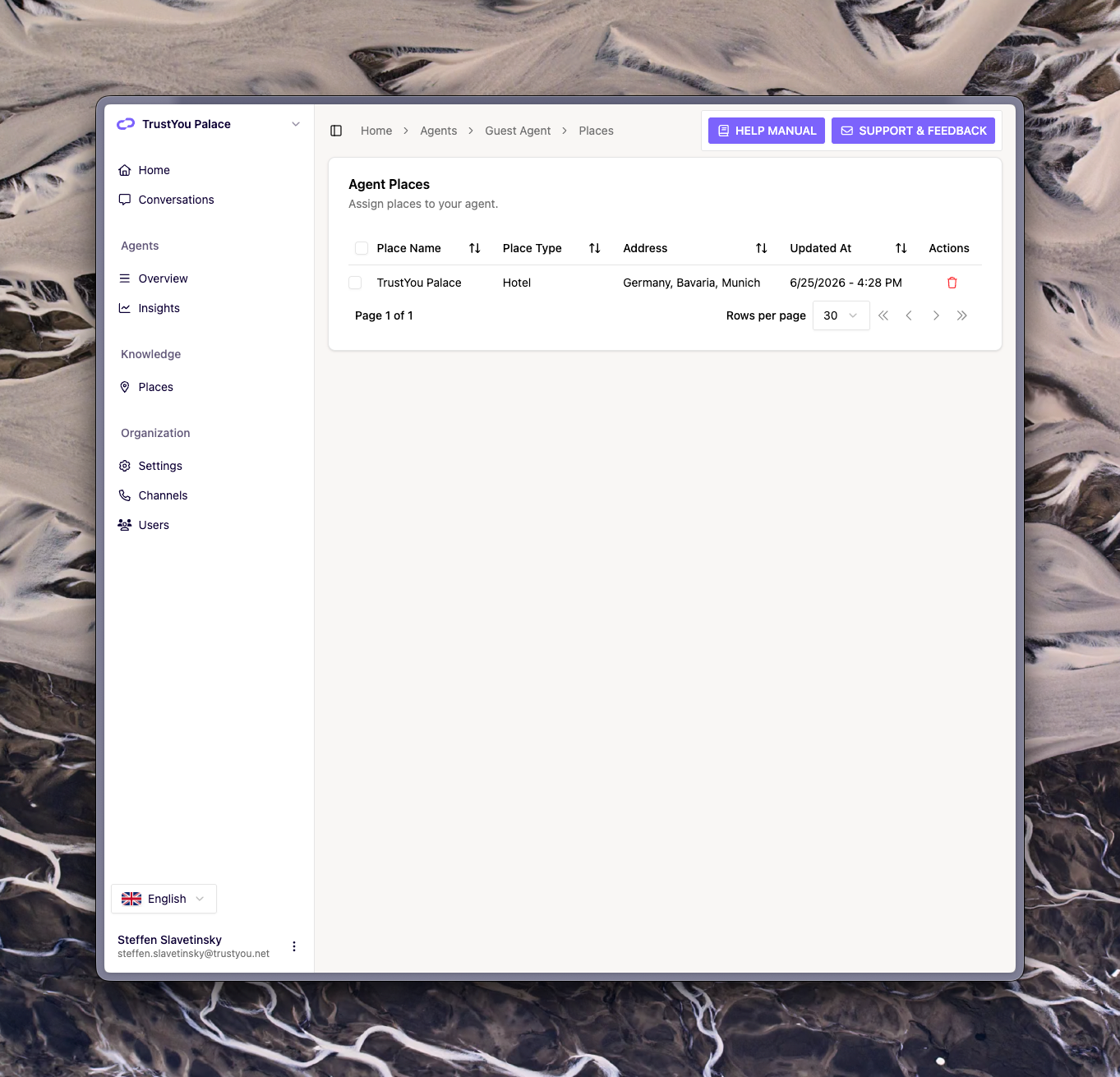 The "Agent Places" page showing the list of Places with checkboxes, used to assign or unassign Places to the Agent.