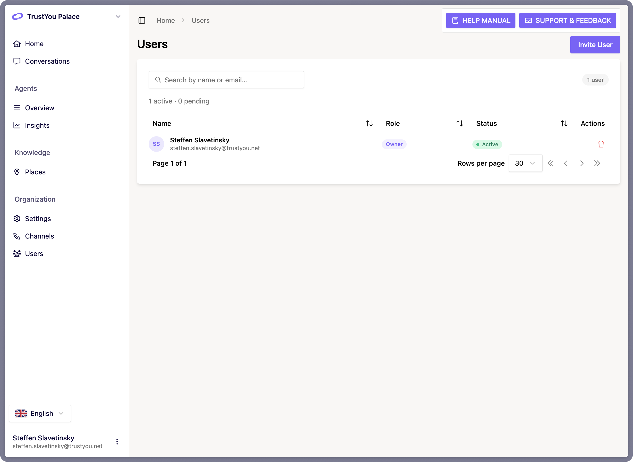 The Users page (Organization > Users) showing the team list with Name, Role, Status, and Actions columns, the search box, and the "Invite User" button.