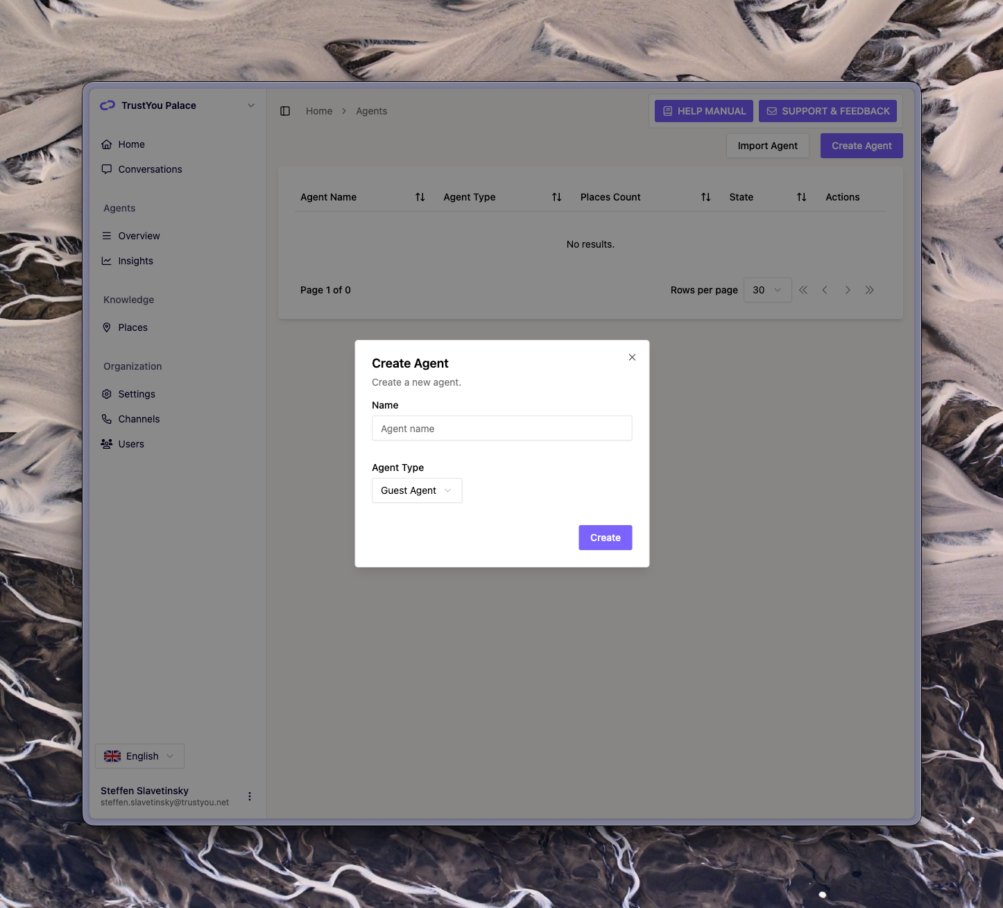 The "Create Agent" dialog showing the Name field and the Agent Type dropdown, with the "Create" button.