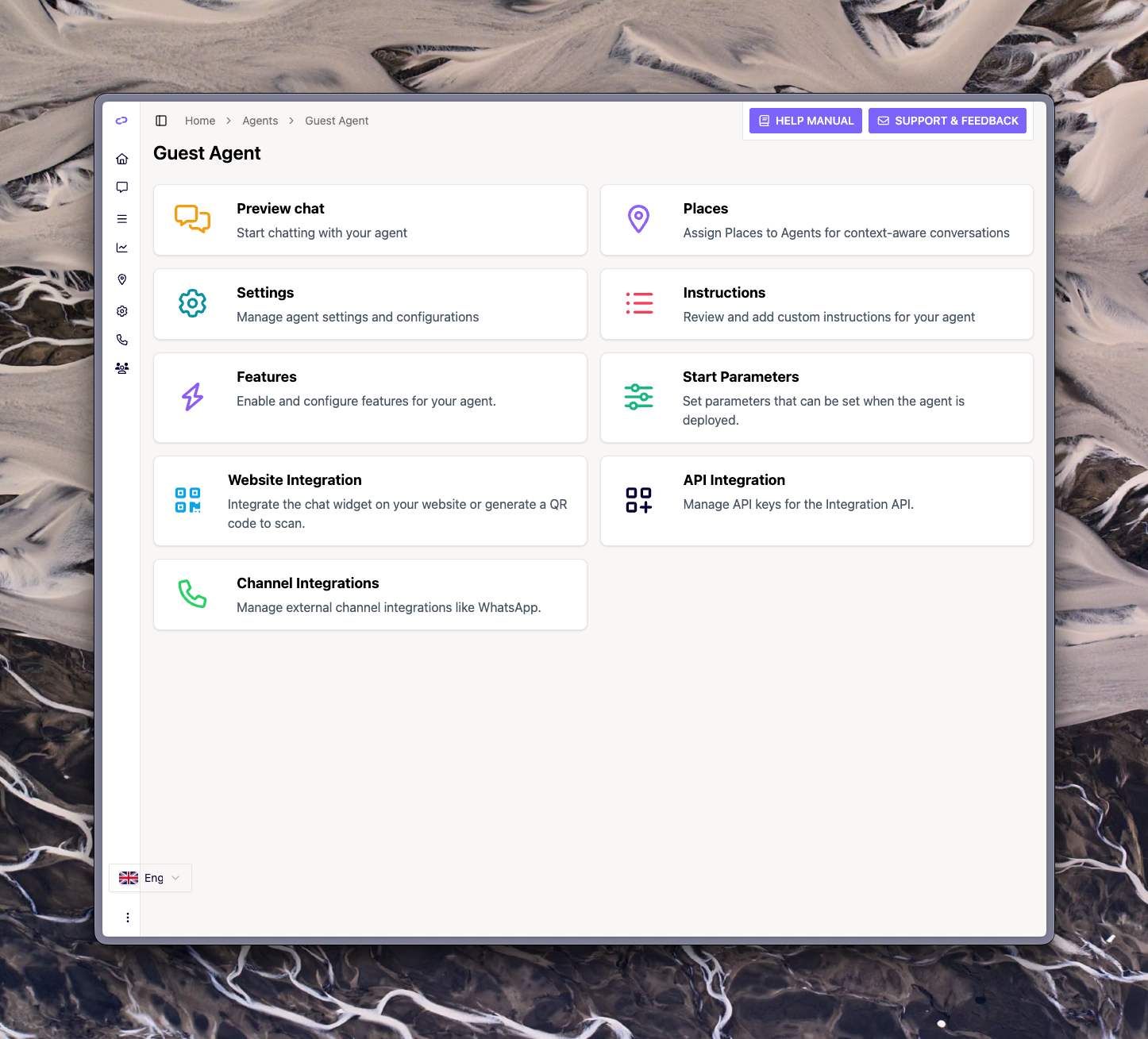 The Agent detail page showing the grid of tiles: Preview chat, Places, Settings, Instructions, Features, Website Integration, and more.