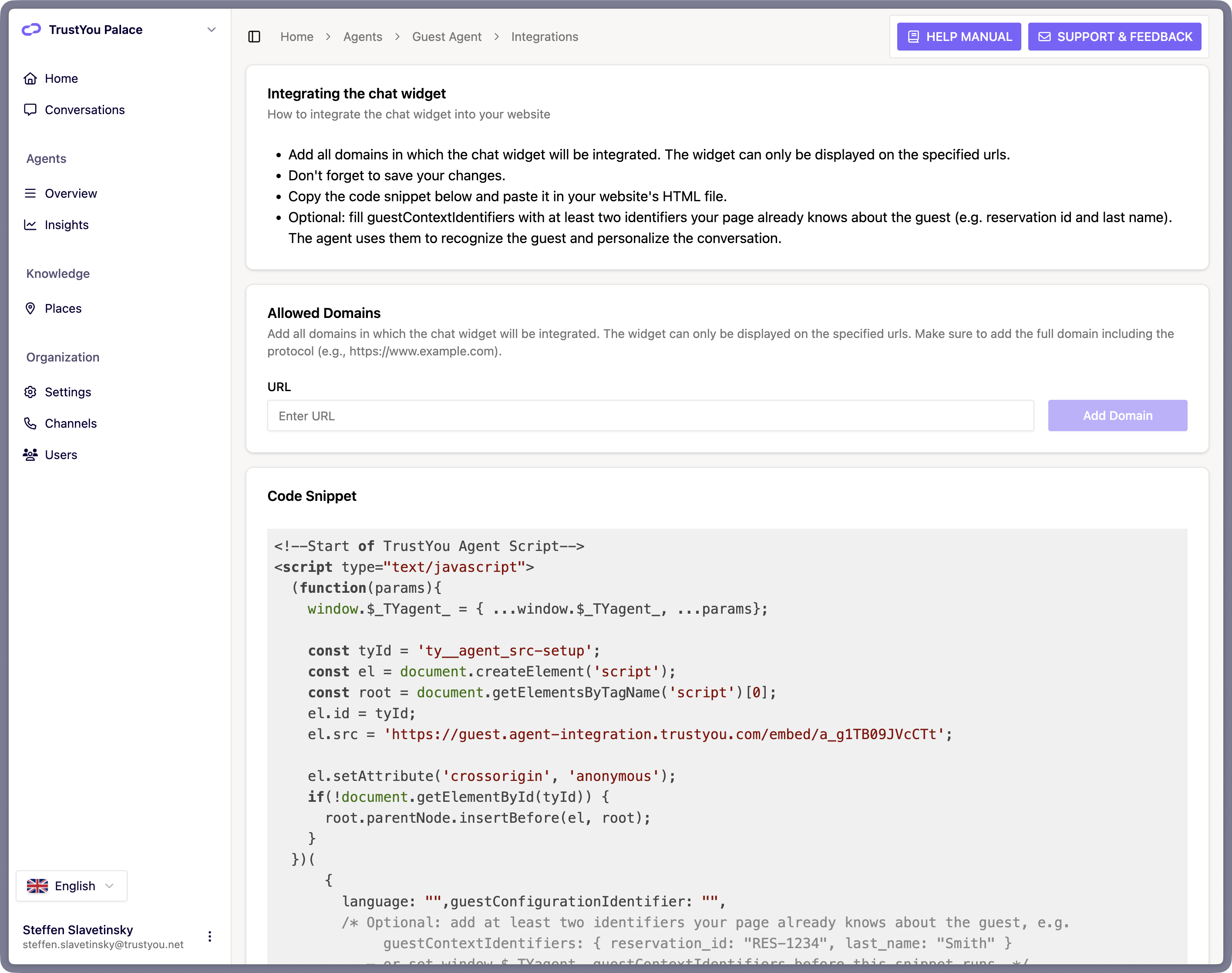 The Agent's Website Integration page in the backoffice, showing the copyable embed code snippet and the QR code option.