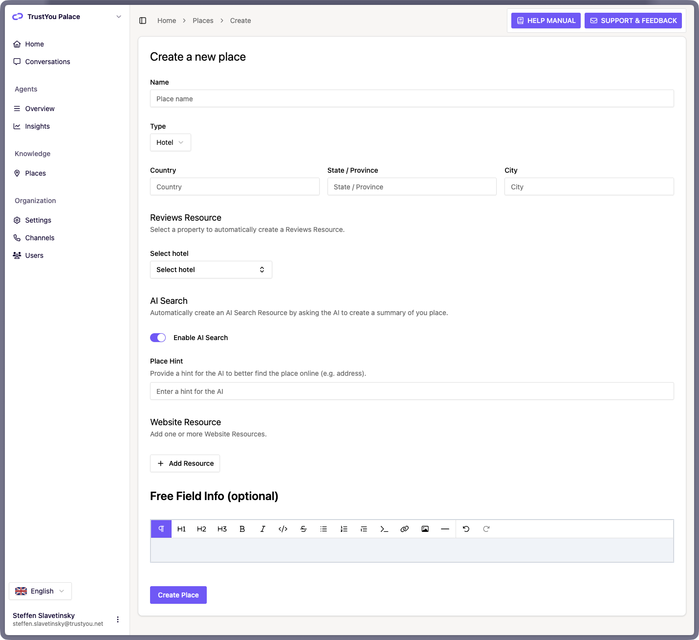 The "Create a new place" form, showing the Name field, the Type selector (Hotel, Food and Beverage, Attraction), the Country / State / Province / City address fields, the "Enable AI Search" toggle (on), and the "Place Hint" field.