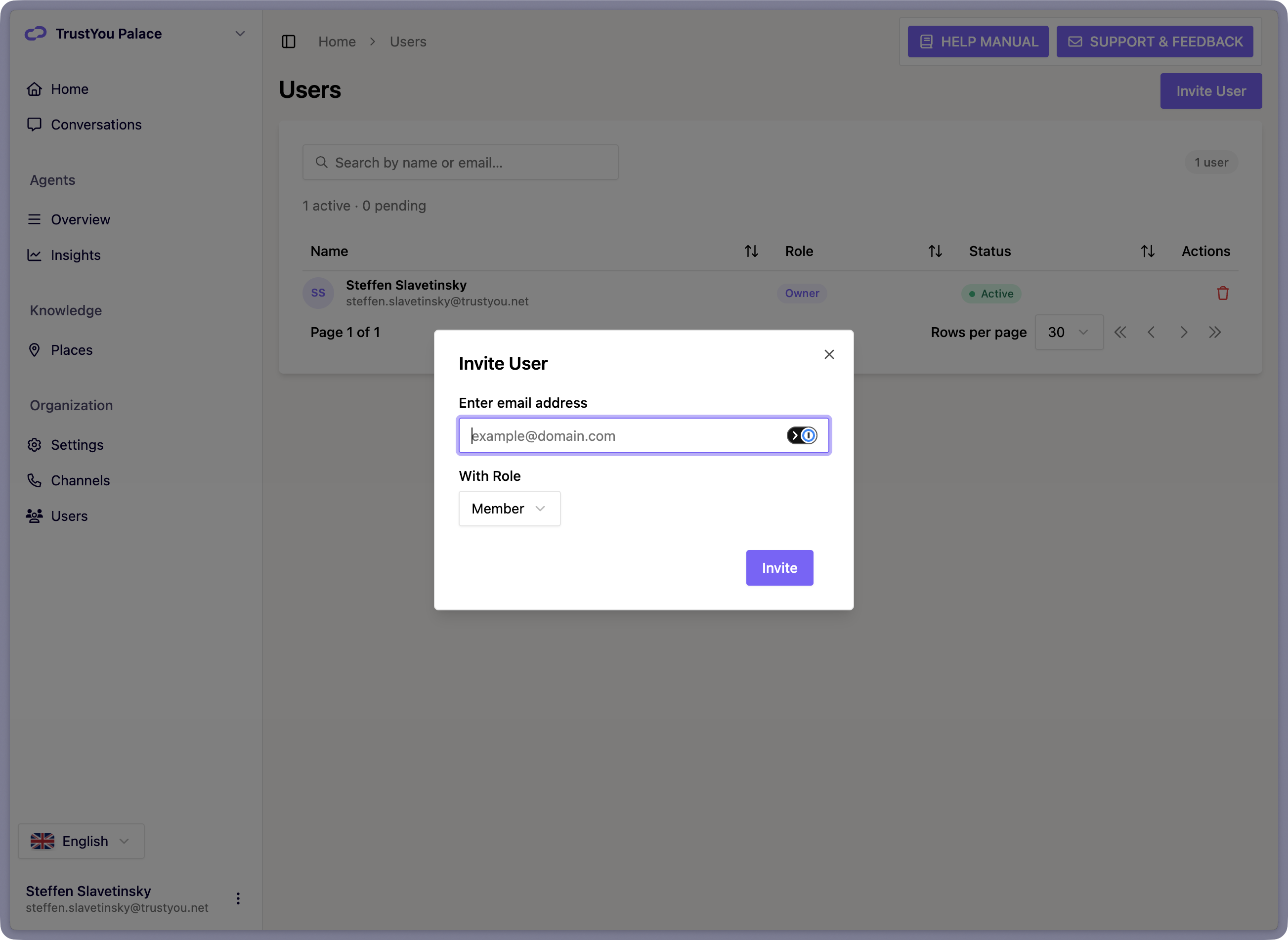 The "Invite User" dialog showing the email address field and the "With Role" dropdown, with the "Invite" button.