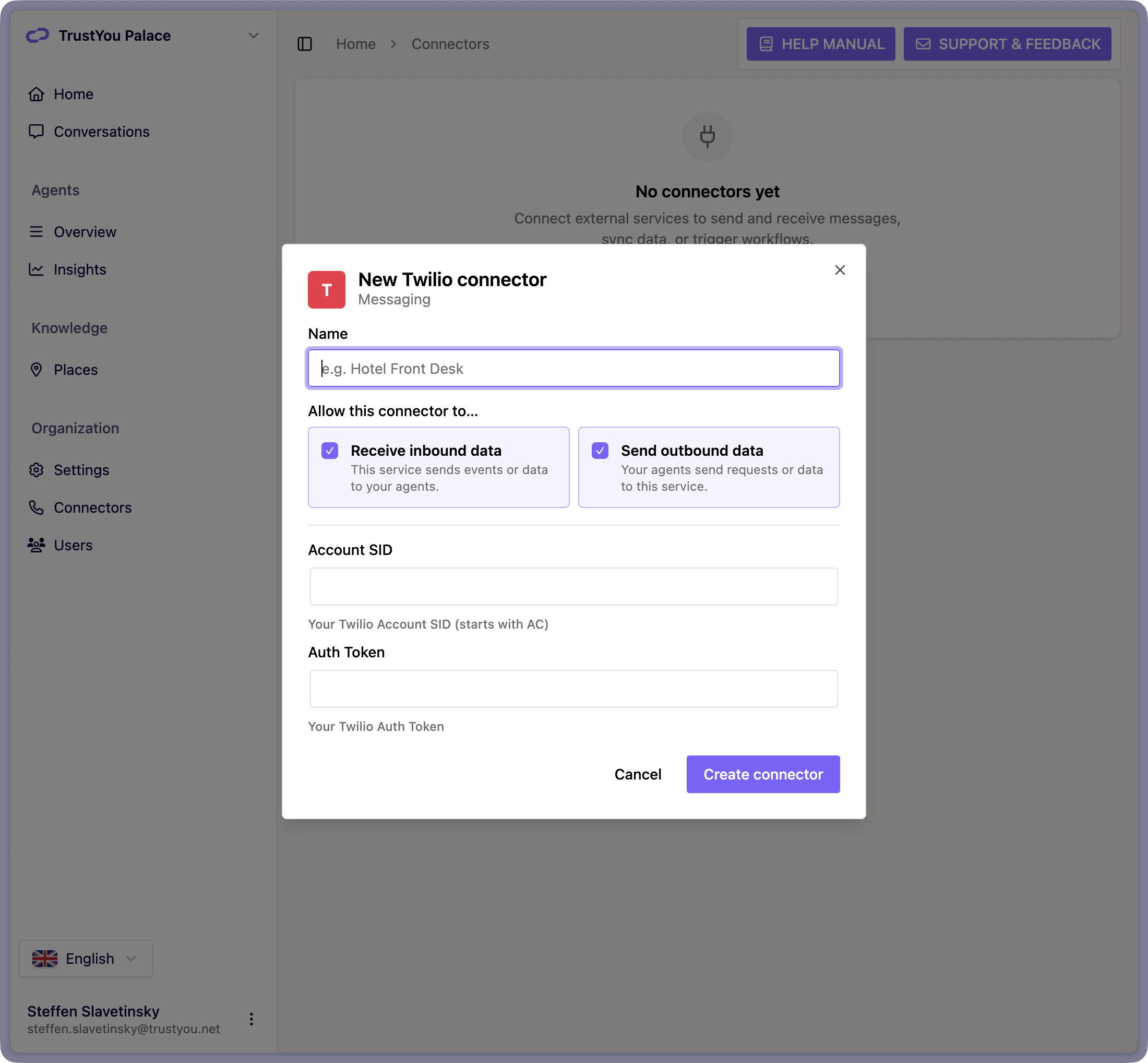 The New Twilio connector form, showing the Name, Account SID, and Auth Token fields.