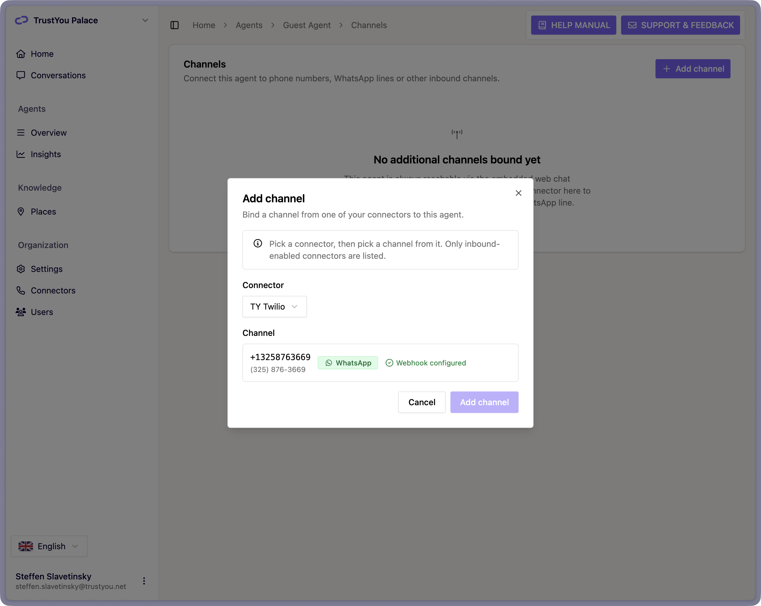 The Add channel dialog on the Agent's Channels page, with the Connector and Channel selectors.