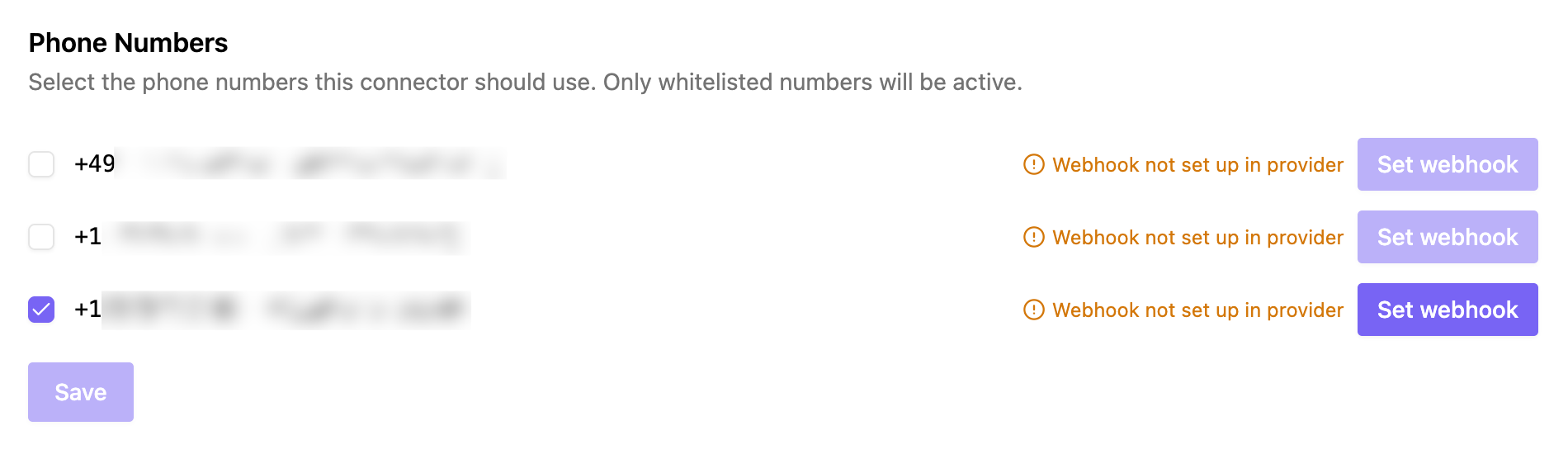 The Phone Numbers section of the Connector, with a number selected and the Save button below.