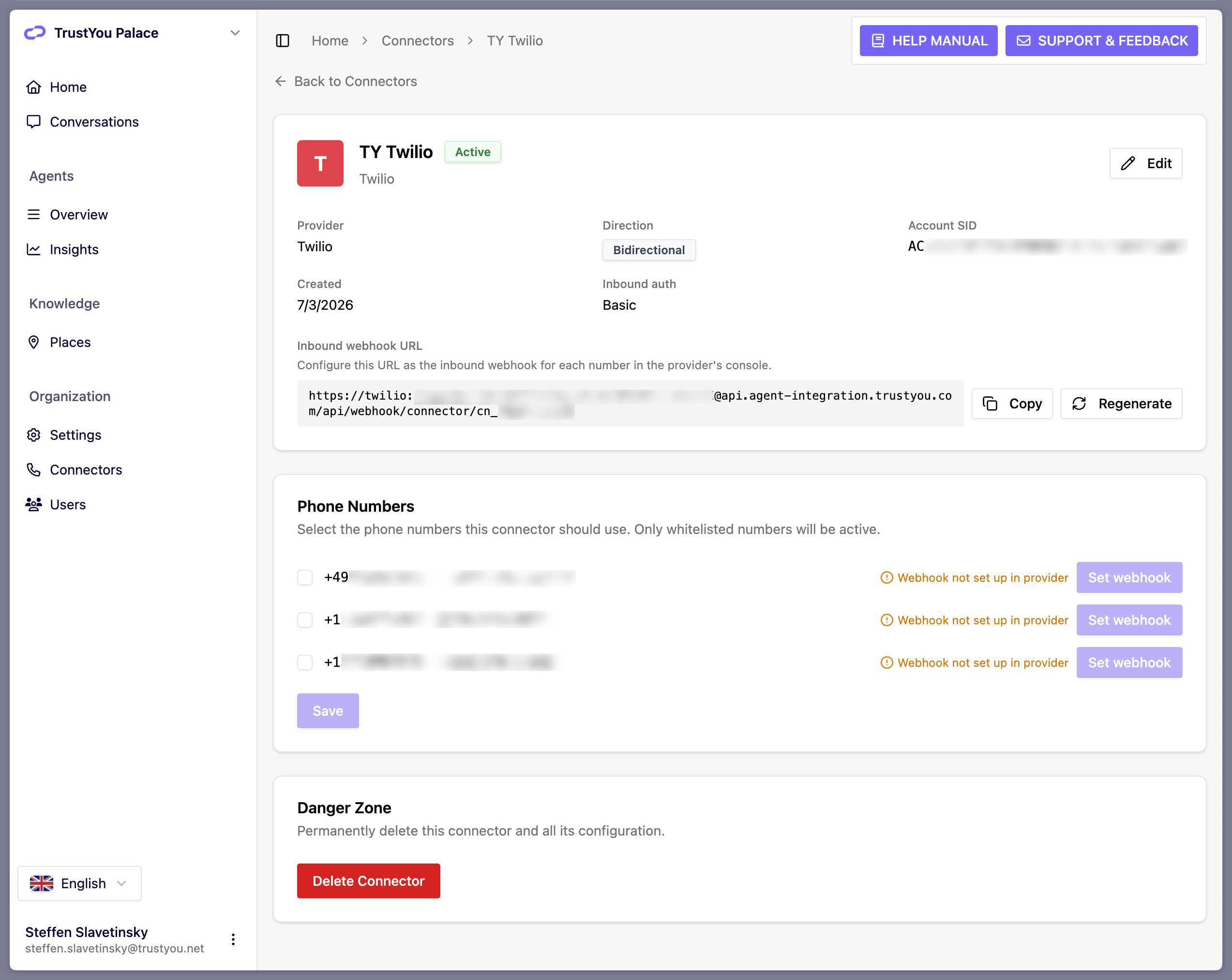 The Connector detail page showing the Inbound webhook URL and the Set webhook button next to each number.