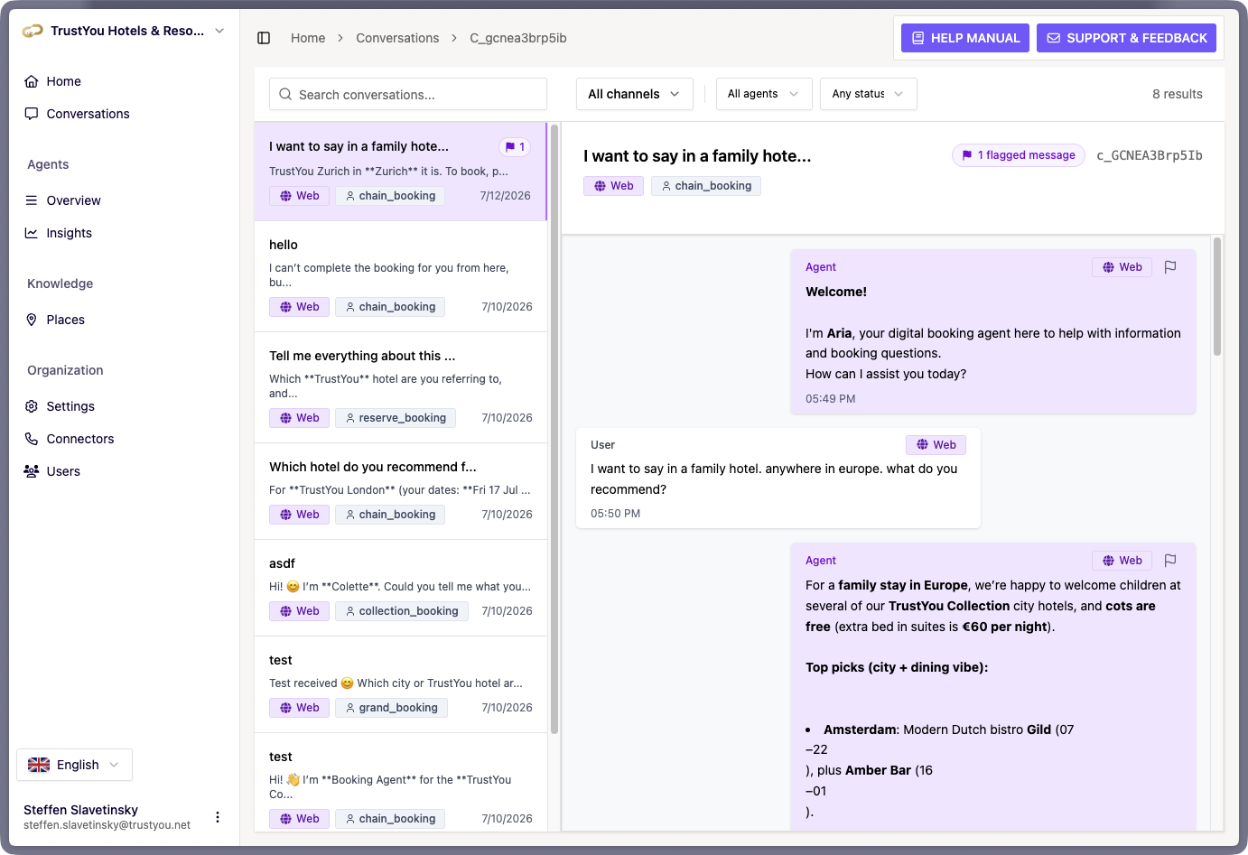 The Conversations page with the filter bar on top, the Conversation list on the left, and a transcript open on the right.