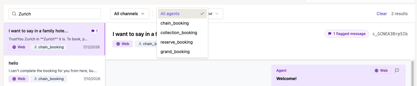 The filter bar with the search box, Channel filter, Agent filter, and Flagged filter open.