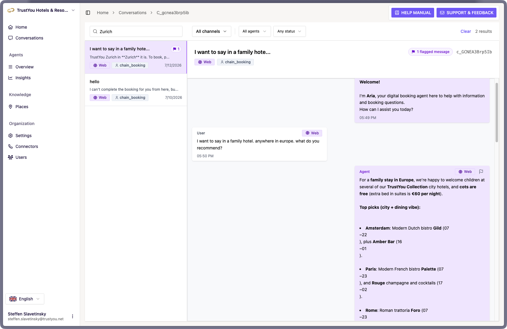 An open Conversation transcript showing guest messages on the left and Agent replies on the right, with timestamps.