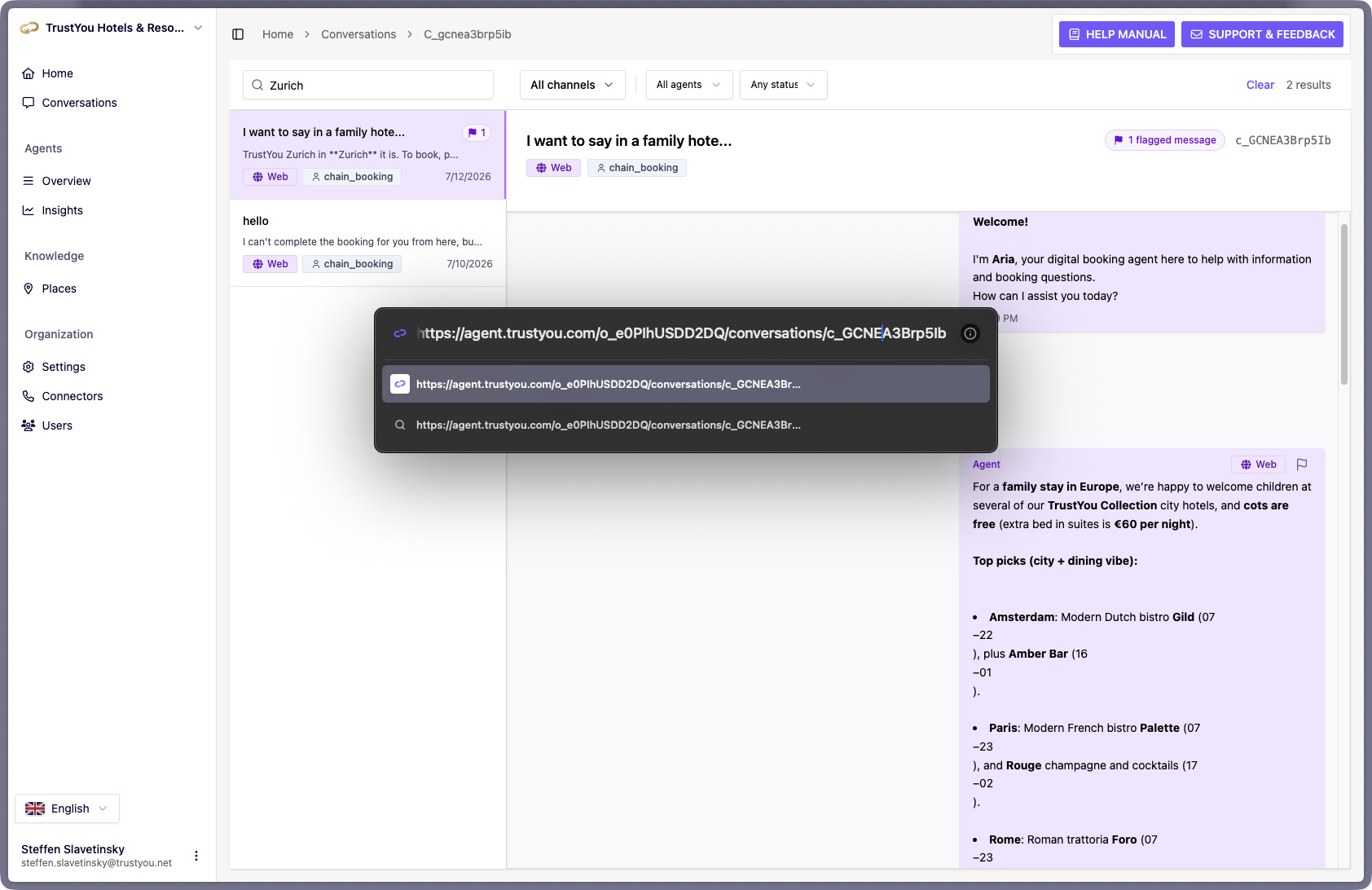 The browser address bar showing the URL of an open Conversation, ready to copy and share.