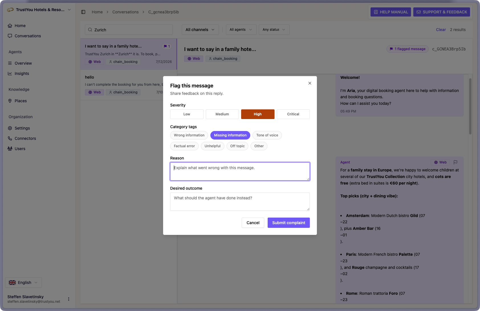 The "Flag this message" dialog showing the Severity buttons, Category tags, and the Reason and Desired outcome fields.