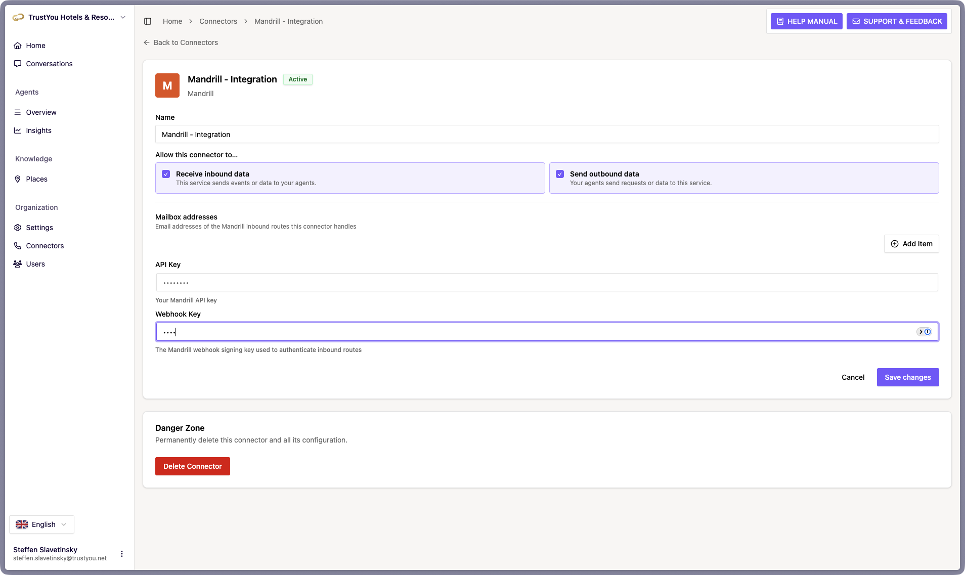 The Mandrill Connector in edit mode, with the Name, inbound and outbound checkboxes, Mailbox addresses, API Key, and Webhook Key fields shown. The Webhook Key field is focused and being typed into, with the Save changes button below.