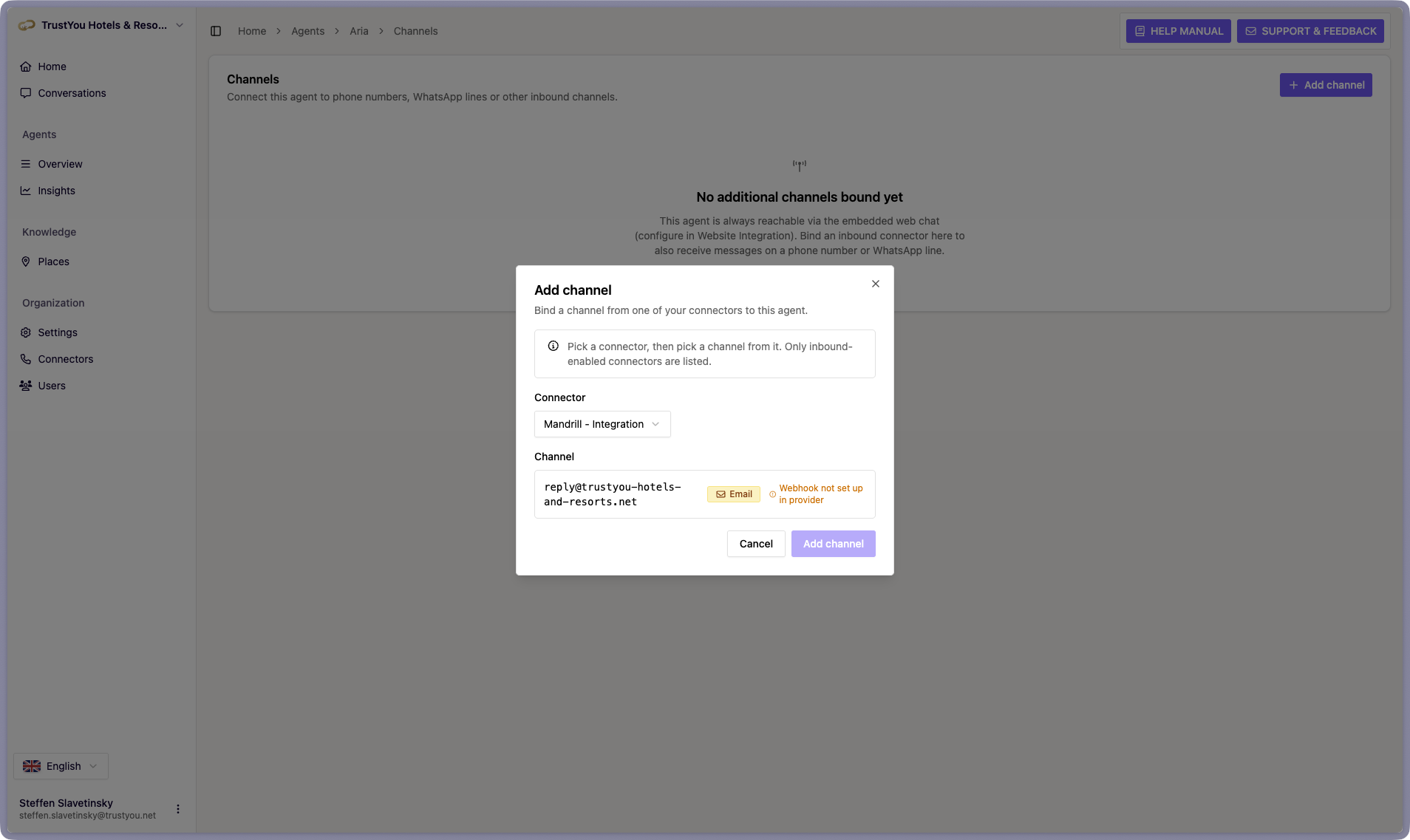 The Add channel dialog on the Agent's Channels page, with the Mandrill Connector picked and its mailbox address listed below as a selectable Channel with an Email badge.