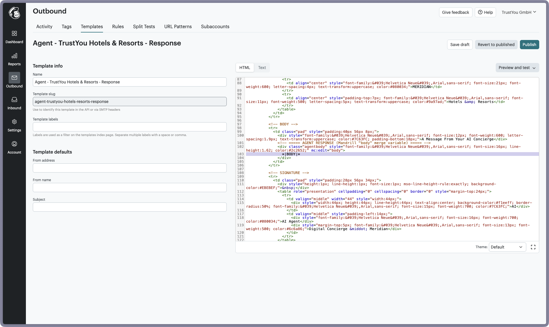 The Mandrill template editor under Outbound, Templates, showing the template Name and Template slug fields on the left and the HTML source on the right. The |BODY| merge tag is highlighted in the middle of the layout, in the section commented as the agent response, with Save draft and Publish buttons at the top.