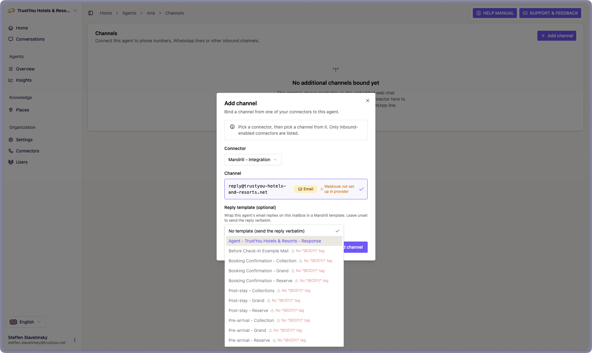The Add channel dialog with the mailbox selected and the "Reply template (optional)" dropdown open. "No template (send the reply verbatim)" is ticked at the top, one template is selectable, and the rest are greyed out with a red warning reading "No |BODY| tag" beside each name.