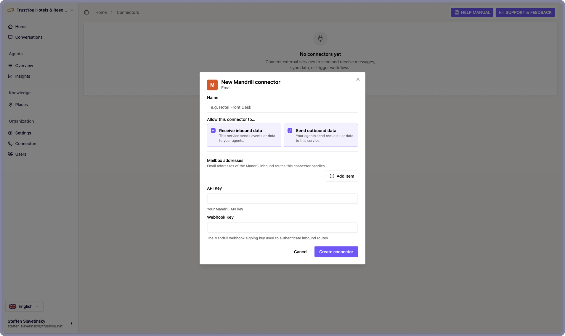 The New Mandrill connector dialog, showing the Name field, the "Allow this connector to…" checkboxes for receiving inbound and sending outbound data, the Mailbox addresses list with its Add Item button, and the API Key and Webhook Key fields.