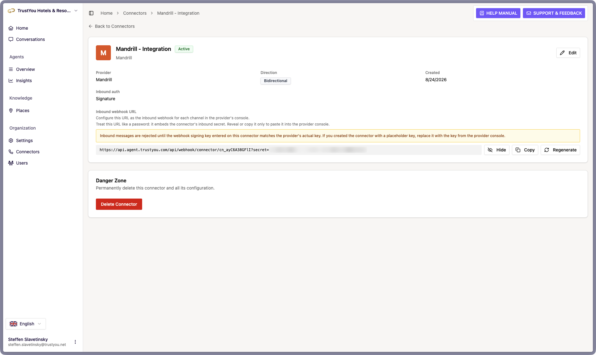 The Mandrill Connector detail page showing Provider, Direction "Bidirectional", Inbound auth "Signature", and the Inbound webhook URL revealed with its secret, alongside the Hide, Copy, and Regenerate buttons. A yellow banner above the URL warns that inbound messages are rejected until the webhook signing key matches the provider's actual key.