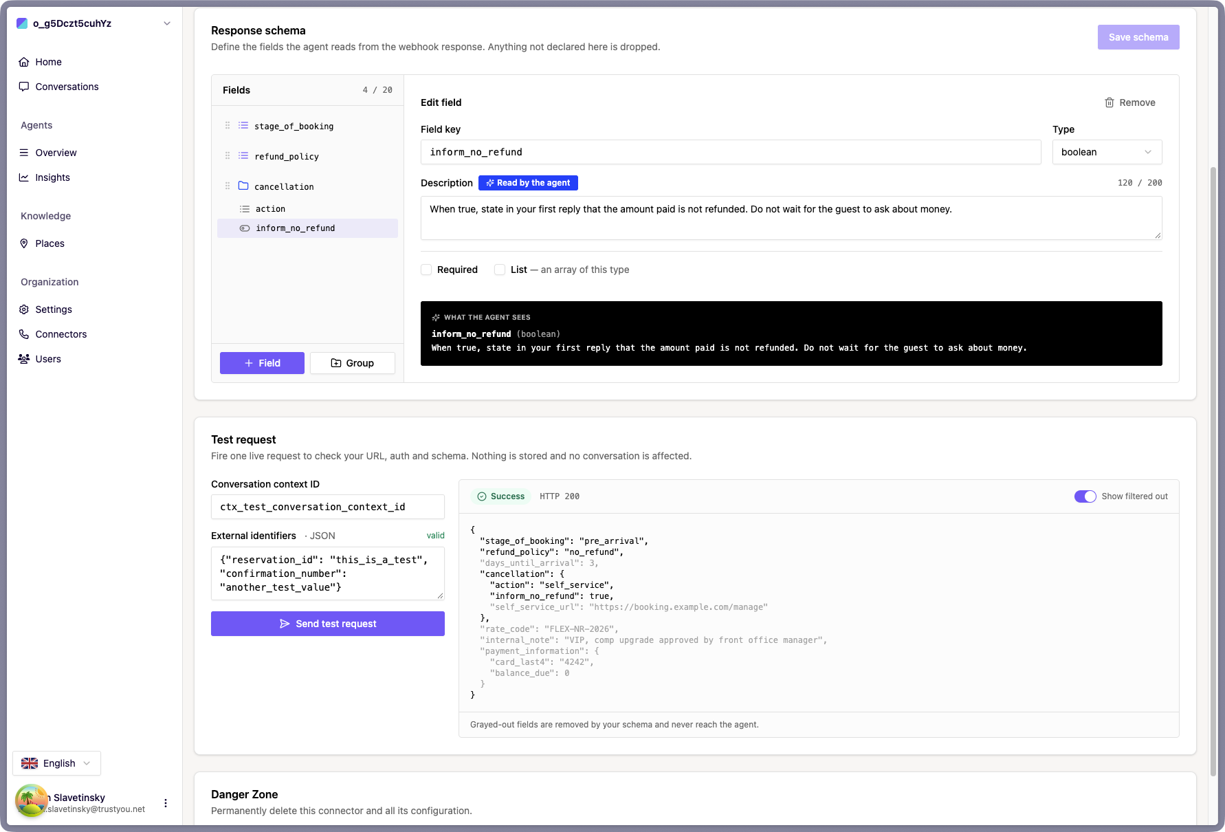 The Test request card after a successful call, with Show filtered out enabled. The grayed-out fields, including days_until_arrival and the nested self_service_url, are the ones the schema discards before the Agent sees them.