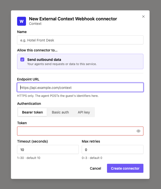 The New External Context Webhook connector form, showing Name, Endpoint URL with its HTTPS-only help text, the Authentication toggle set to Bearer token, and the Timeout and Max retries fields.