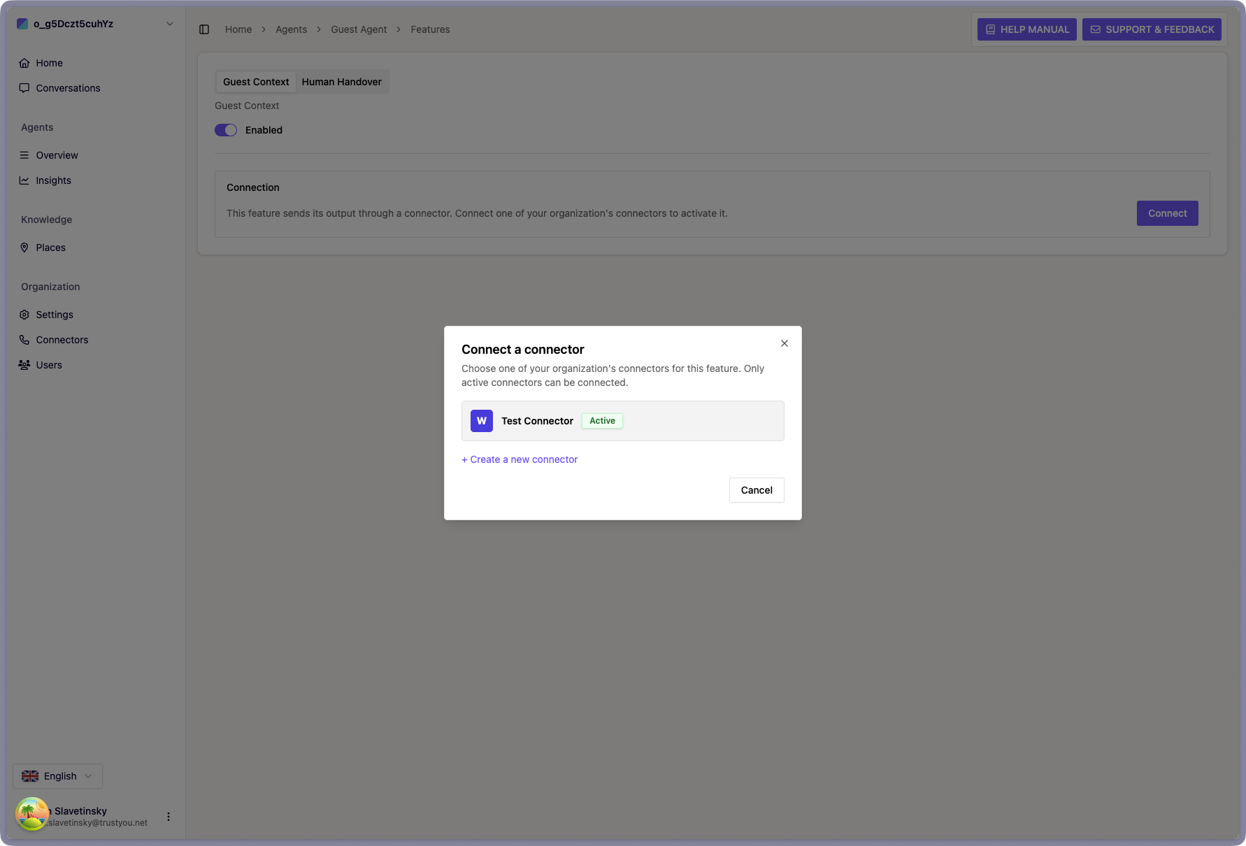 The Agent's Features tab with Guest Context enabled, showing the Connection panel and the Connect a connector dialog listing an active External Context Webhook connector.