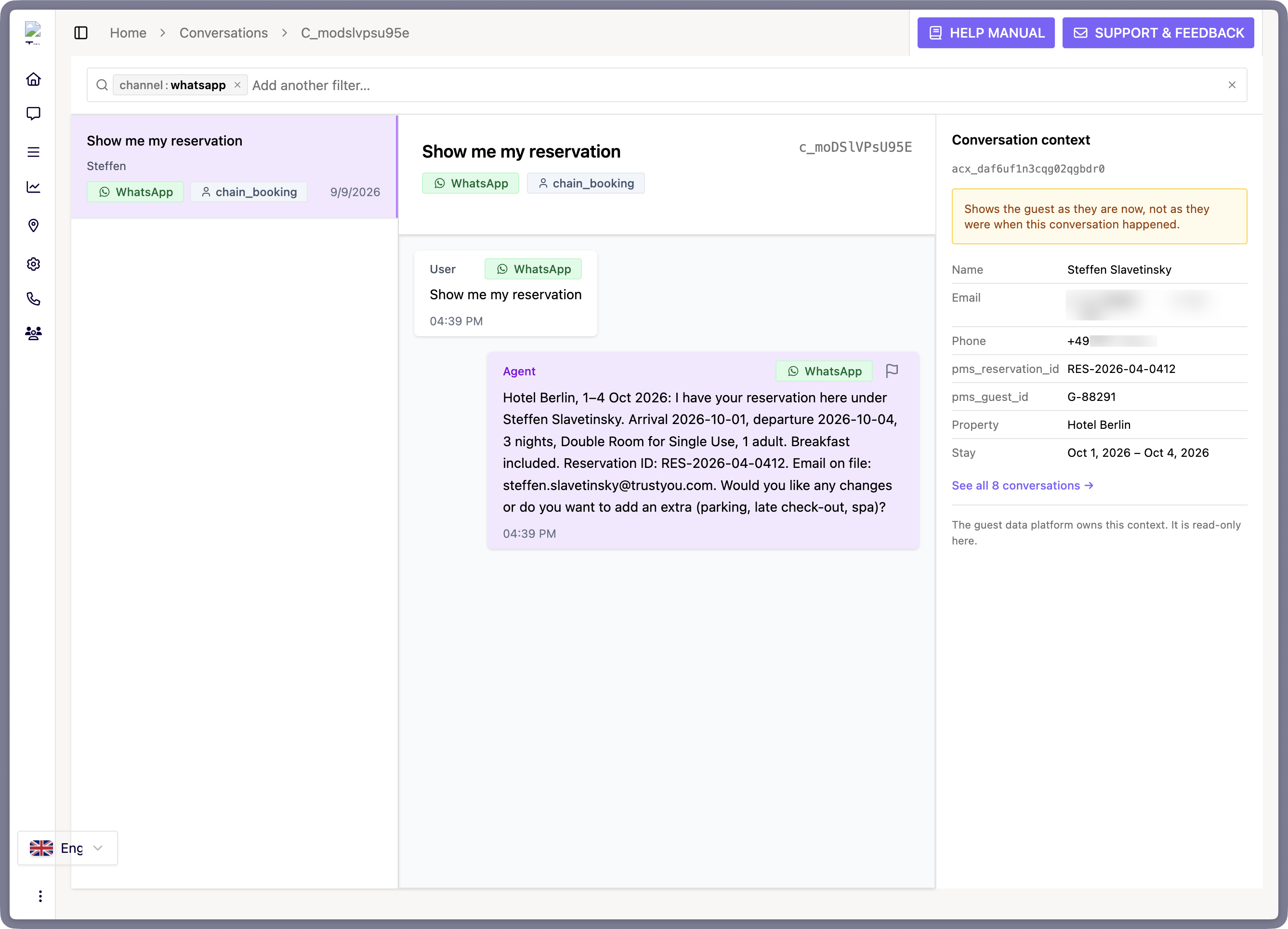 The Conversations page with a channel:whatsapp chip in the search bar, the Conversation list on the left, the transcript in the middle, and the Conversation context card on the right.
