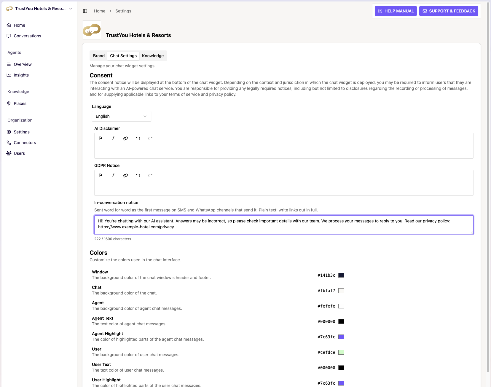 Organization Settings, "Chat Settings" tab, "Consent" section: the "Language" dropdown and the "In-conversation notice" text field below the AI Disclaimer and GDPR Notice editors, filled with a short sample notice and the character counter visible.