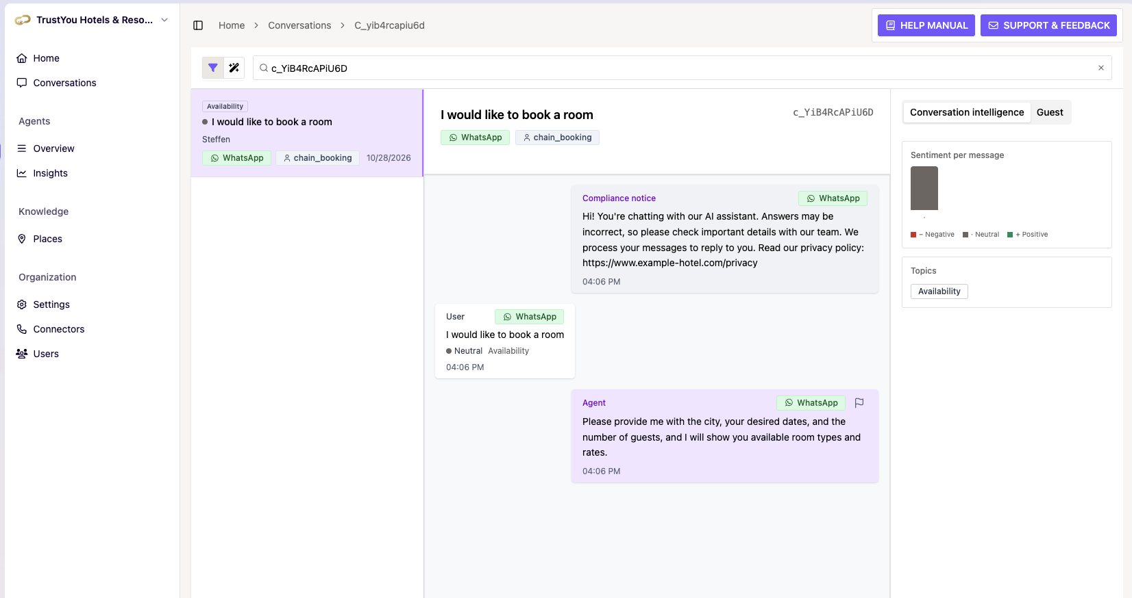 A WhatsApp Conversation transcript in the backoffice: a bubble labeled "Compliance notice" with the notice text at the top, then the guest's first message, then the Agent's first reply.